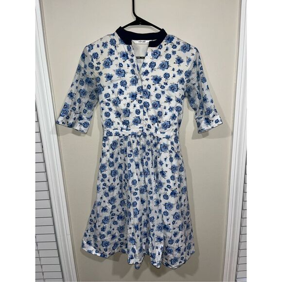 eShakti Blue White Floral Shirt Dress Custom (Small?) ** - Picture 1 of 4